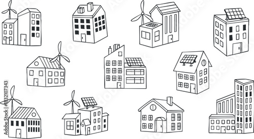 A collection of houses and buildings featuring wind turbines and solar panels in minimalist black and white vector style, ideal for sustainability projects and urban planning