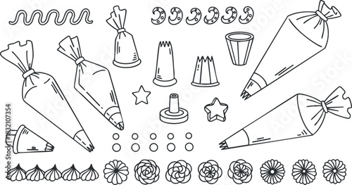A collection of piping bags, nozzles, and decorative elements in whimsical outline vector style, ideal for baking and dessert design
