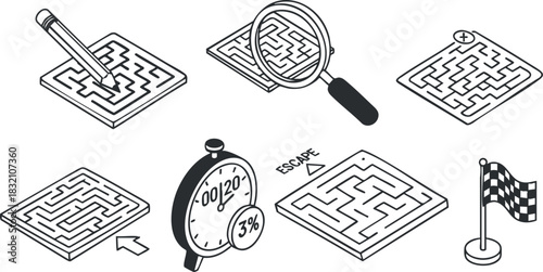 A set of maze-related icons including a pencil, magnifying glass, timer, escape route, and checkered flag in black and white outline vector style, suitable for game design and educational materials