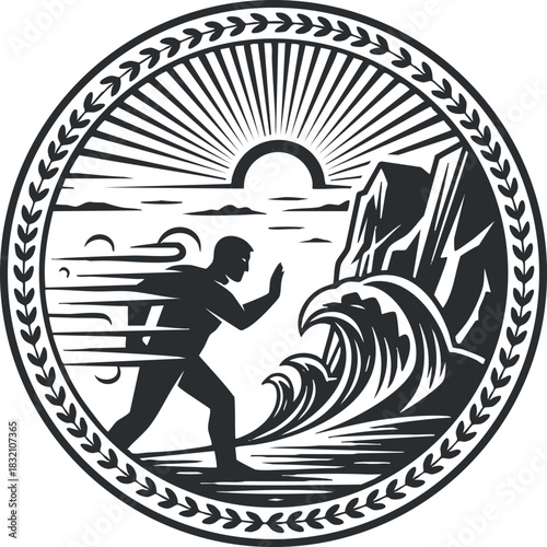 A stylized silhouette of a runner against crashing waves and a rising sun in black and white vector style, perfect for fitness and adventure themes