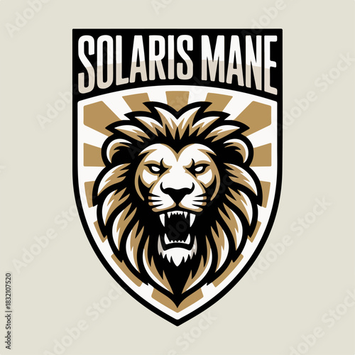Solaris Mane lion shield crest with radiant sun rays, regal feline mascot logo in warm tones, bold vector emblem for teams, clubs, and premium branding