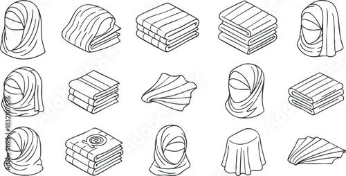 A collection of hand-drawn headscarves and folded shawls in minimalist outline vector style, suitable for fashion and textile design