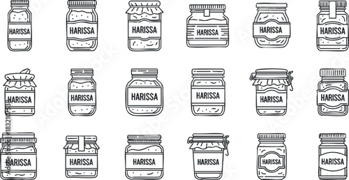 A collection of various harissa sauce jars in black and white outline vector style, ideal for culinary illustrations and food packaging