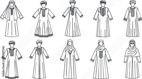 A collection of traditional women's dresses in line art vector style, showcasing Middle Eastern fashion, ideal for cultural design projects
