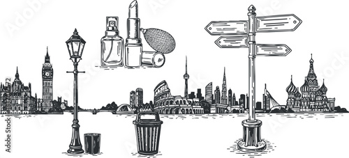 A city skyline featuring iconic landmarks and beauty products in detailed black and white outline vector style, ideal for travel and fashion designs