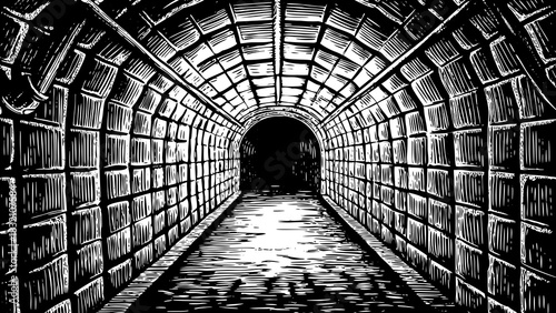 narrow stone tunnel with cold reflective walls black and white, dripping textures, heavy shadows, and a chilling echo enhancing the underground environment
