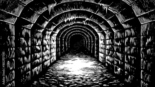 narrow stone tunnel with cold reflective walls black and white, dripping textures, heavy shadows, and a chilling echo enhancing the underground environment