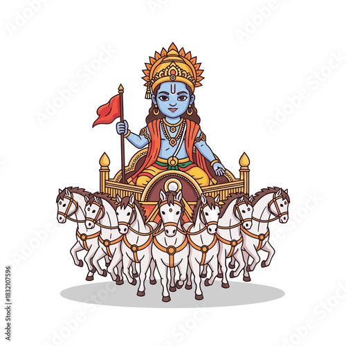 Illustrative depiction of Surya, the Hindu Sun God, riding his chariot pulled by seven white horses, vibrant and full of cultural symbolism