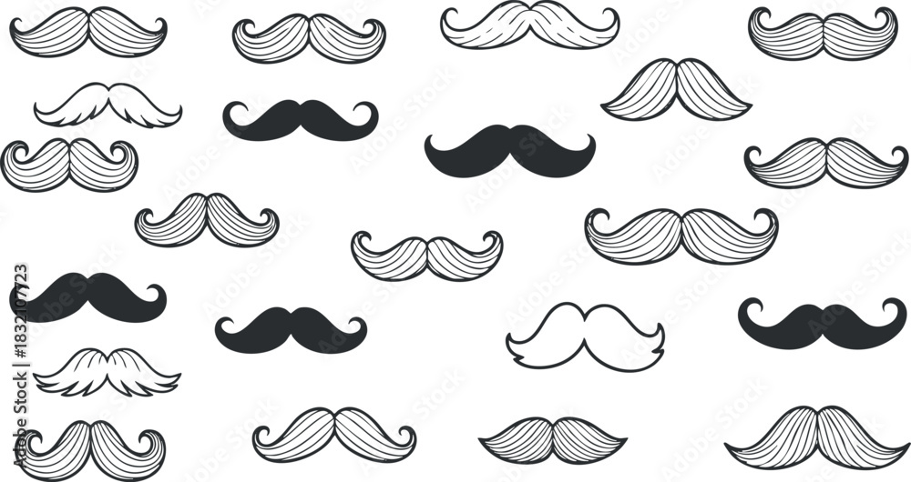 Fototapeta premium A collection of various mustaches in black and white vector style, perfect for grooming and barber-themed designs