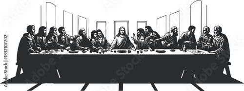 A depiction of the Last Supper with Jesus and his disciples in black and white vector style, ideal for religious art and design projects