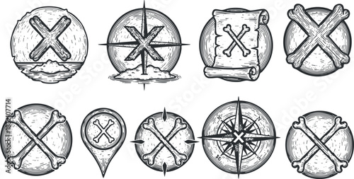 A set of vintage hand-drawn navigation icons including compasses, skulls, and scrolls in black and white outline style, suitable for adventure-themed designs