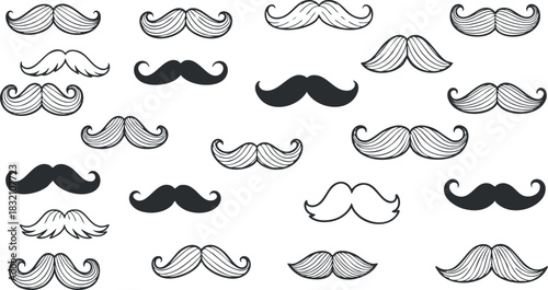 A collection of various mustaches in black and white vector style, perfect for grooming and barber-themed designs