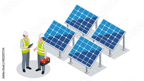 Two engineers in safety gear, holding a tablet and red toolbox, collaborate next to an array of four mounted solar panels in this isometric vector illustration of renewable energy management