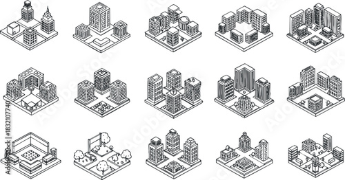 A collection of isometric city building designs featuring various architectural styles in clean black and white vector style, ideal for urban planning and design projects