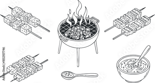 A collection of barbecue skewers with meat and vegetables, a grill with flames, and a bowl of dipping sauce in minimalist black and white vector style, ideal for food-related designs