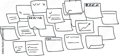 A collection of hand-drawn sticky notes and papers featuring various sketches and text in minimalist vector style, ideal for project planning and brainstorming sessions