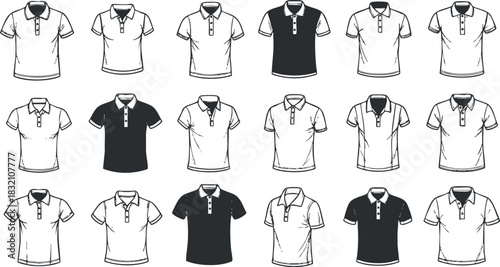 A collection of black and white outline vector polo shirts in various styles, perfect for fashion branding and apparel design