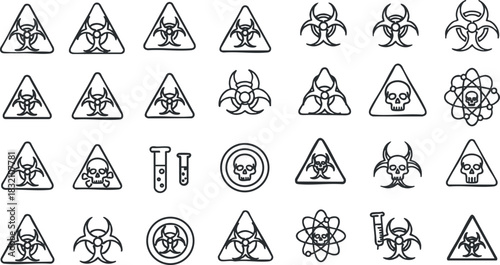 A collection of biohazard and danger symbols in black and white outline vector style, suitable for health and safety projects
