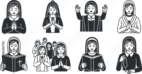 A collection of women in various prayer poses in black and white vector style, ideal for religious and spiritual themes