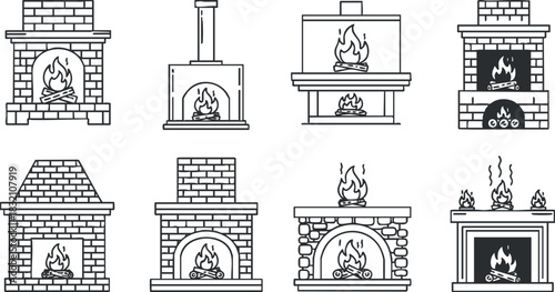 A collection of nine fireplace designs in black and white outline vector style, suitable for home renovation and interior design projects