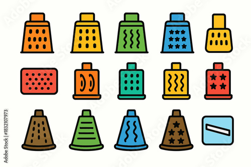 Colorful cheese grater icons in varied shapes and patterns on white background