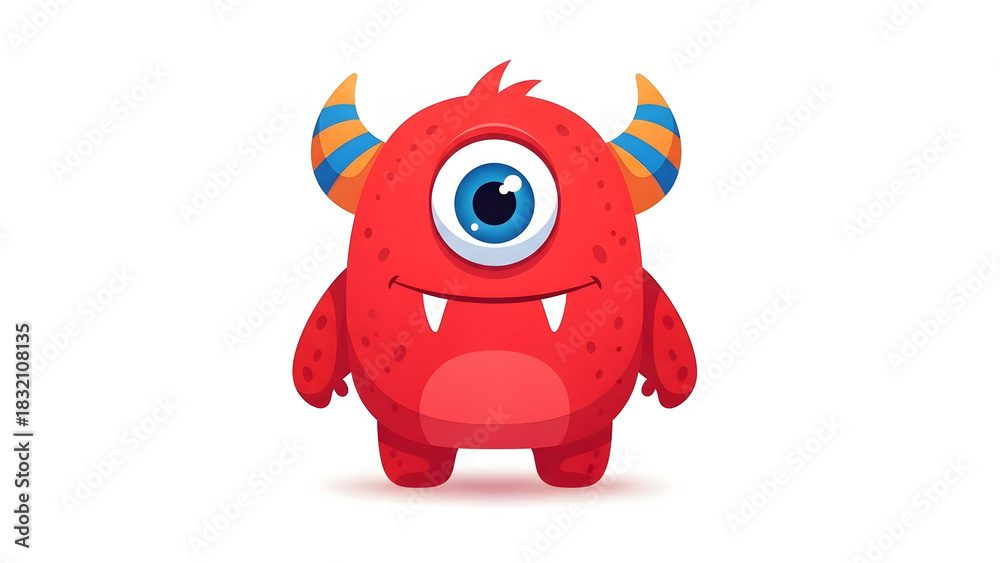 Fototapeta premium Cute red monster cartoon character with one eye vector illustration for kids isolated on white backg