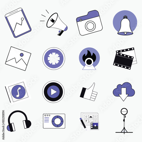 Digital Media, Camera, and Content Creation Outline Icons