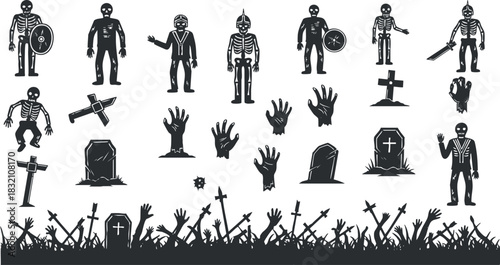 A collection of skeletons, zombies, and gravestones in black and white vector style, ideal for Halloween designs