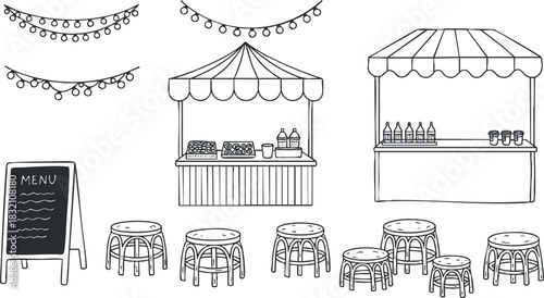 A collection of food stalls with seating and a menu board in black and white line art style, perfect for event planning and outdoor market themes
