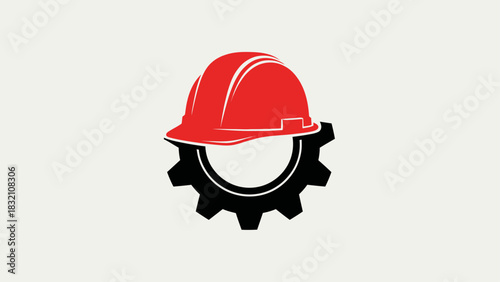 Red hard hat and gear icon for construction and industrial safety.