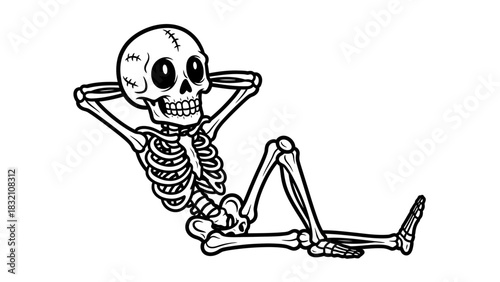 Relaxing cartoon skeleton character in a casual resting pose.
