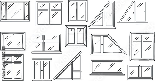 A collection of various window designs in clean outline vector style, suitable for architectural projects and home design.