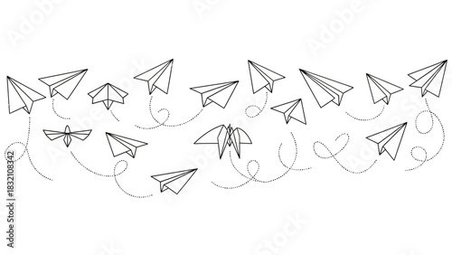 Paper Airplanes Flying with Dotted Flight Paths Illustration