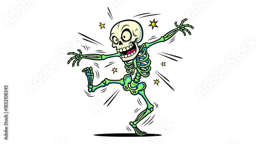 Funny cartoon skeleton character with a startled expression jumping