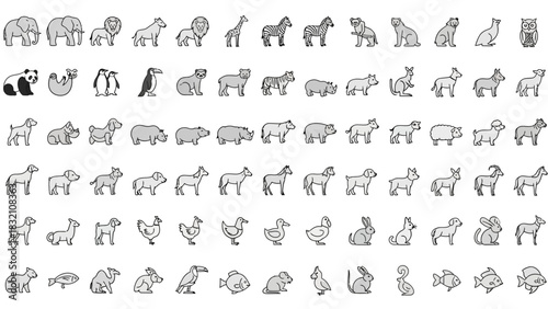 Diverse Animal Icon Set: Collection of Wild and Domestic Illustrations
