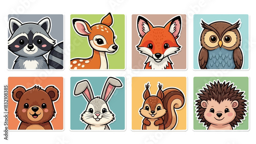 Adorable cartoon forest animals in a set of cute stickers