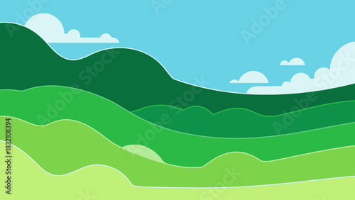 Minimalist Vector Landscape of Rolling Green Hills under Blue Sky