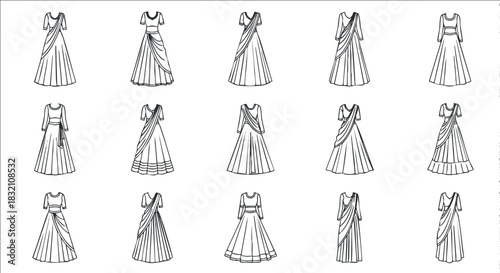 A collection of elegant dress designs in black and white outline vector style, perfect for fashion illustrations and design projects