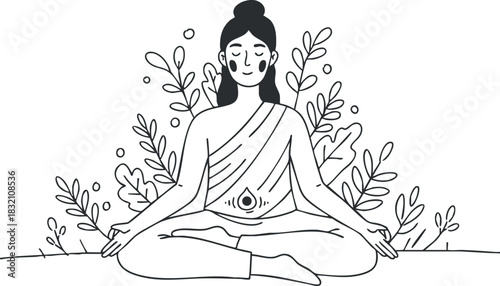 A sitting Buddha figure in outline vector style surrounded by decorative plants and leaves, ideal for wellness and meditation themes