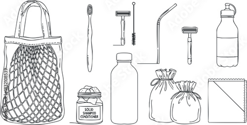 A collection of eco-friendly personal care items including a shopping bag, toiletries, and a water bottle in minimalist outline vector style, suitable for sustainability and lifestyle branding