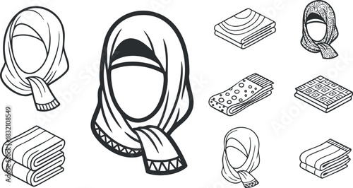 A collection of hijabs and scarves in black and white outline vector style, suitable for fashion design and cultural representation