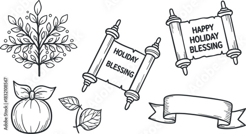 A collection of holiday blessing illustrations featuring a decorative tree, an apple, and festive banners in black and white line art style, perfect for seasonal greeting cards and decorations