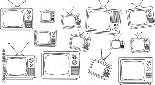 A collection of retro television sets in black and white outline vector style, ideal for vintage media designs