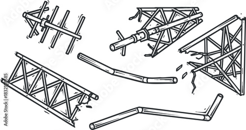 A collection of construction truss and framework components in detailed outline vector style, suitable for engineering and architectural designs