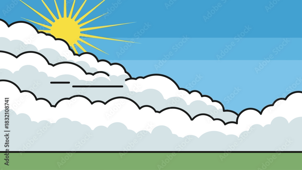 Fototapeta premium Vector illustration of a bright sun shining behind clouds over a green field.