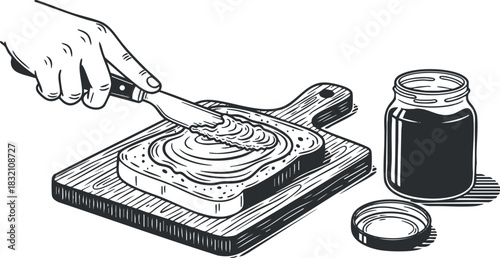 A hand spreading jam on a slice of toast on a wooden cutting board in black and white sketch style, perfect for culinary illustrations