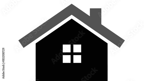 A minimalist black house icon with a gray roof and a four-pane window.