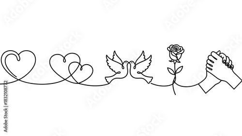 Minimalist continuous line drawing of romantic love and peace symbols.
