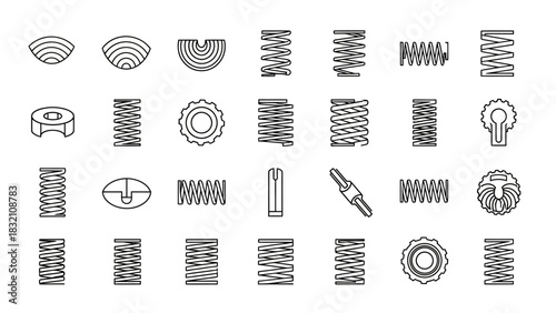 Set of coil spring and mechanical part line icons
