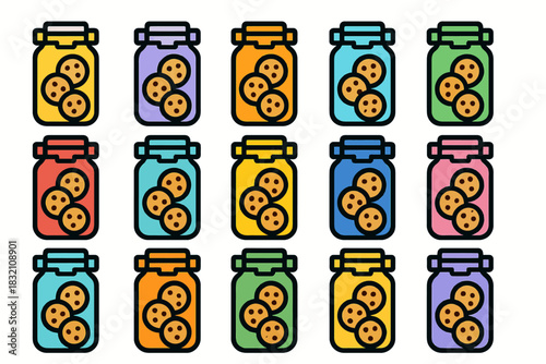 Colorful cookie jars pattern with assorted backgrounds and biscuits